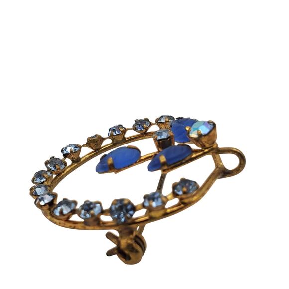 Vintage Blue Rhinestone Circle Brooch & Pendant Frosted Glass Leaves MCM 1960s - Picture 7 of 10